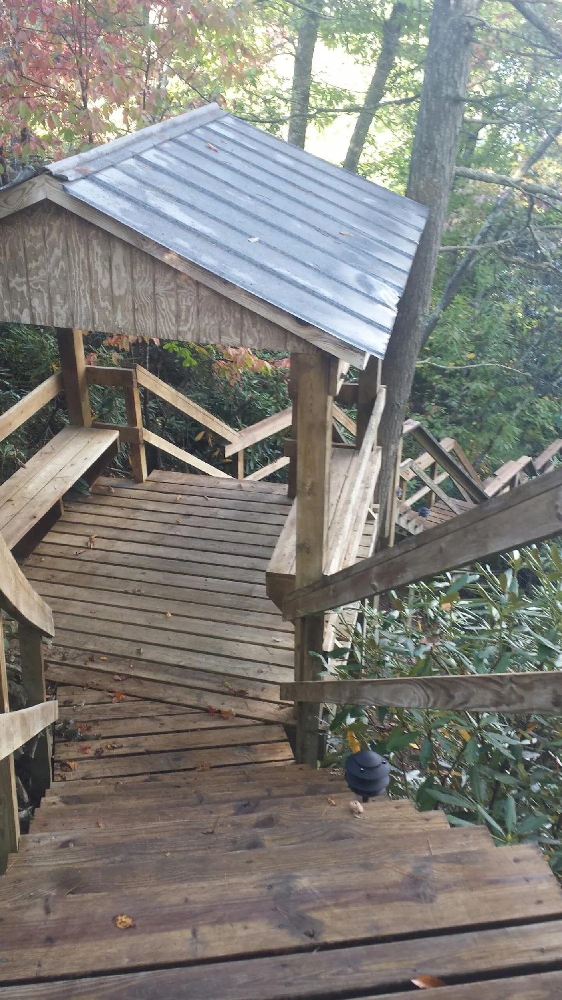 Metal roofed shelter over wooden steps on a wooded walkway — Skylight Repair & Installation work by our crew in Palm Bay